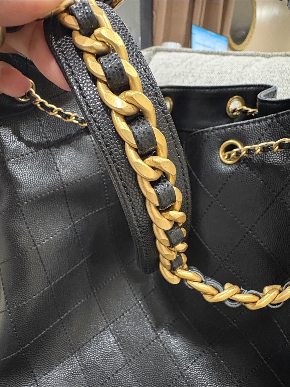 Black Quilted Medium 25 Leather Drawstring Tote with Gold CC Chain - Picture 9 of 10